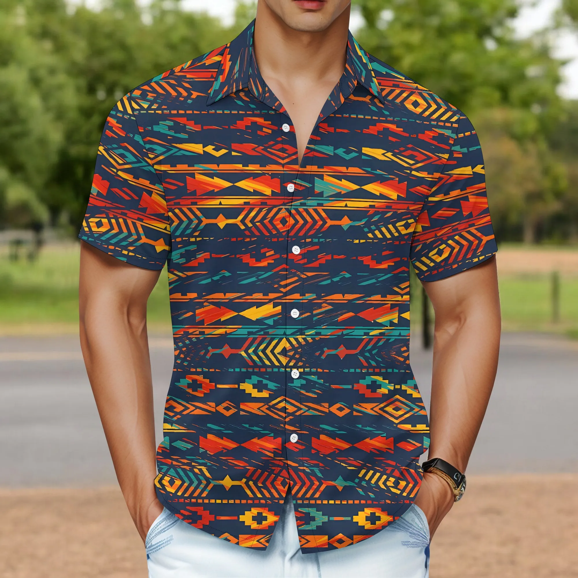 

YEAE Aztec Style Print Shirt for Men Summer Casual Short Sleeve Top