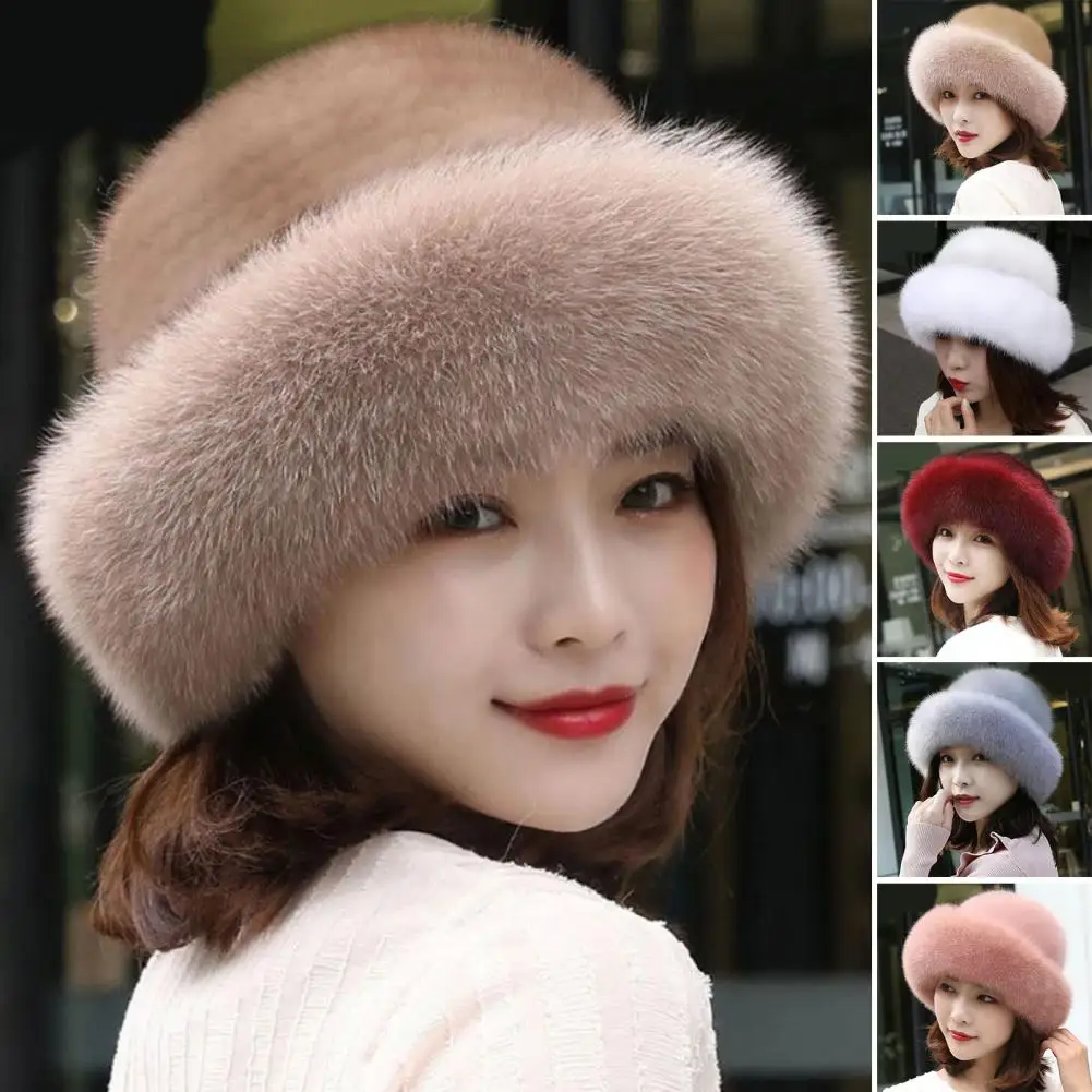 Women Hat Solid Color Fluffy Thickened Ear Dome Winter Coldproof Elegant Russian Hat Faux Fur Headband Streetwear