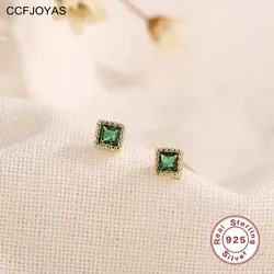 CCFJOYAS 925 Sterling Silver Simple Retro Emerald Stud Earrings for Girl Mini Cute Square Crystal Zircon Studs Piercing Jewelry