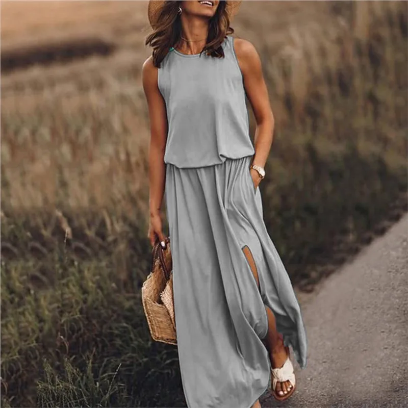 Casual Wine Red Maxi Dress 2025 Summer New Women's Round Neck Sleeveless Dress Split Multi Color Solid Color Long Dresses Femme