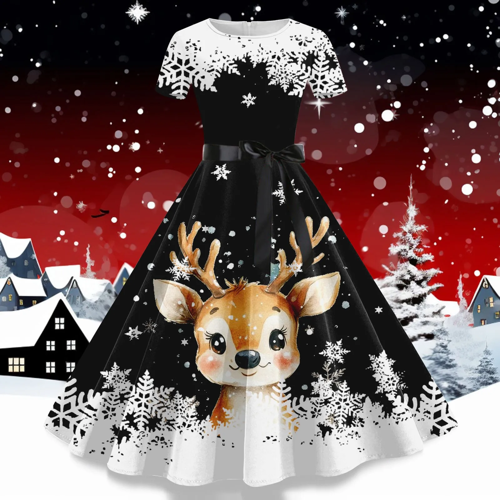 Robe Christmas Dresses for Women Winter Pinup Rockabilly Cosplay Party Dress Santa Claus Snow Elk Print Cocktail Prom Dress