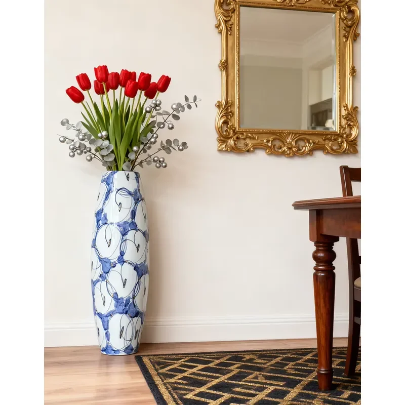 Tall Blue and White Ceramic Floor Vase with Abstract Circular Design Large Decorative Vase for Hallways and Luxurious