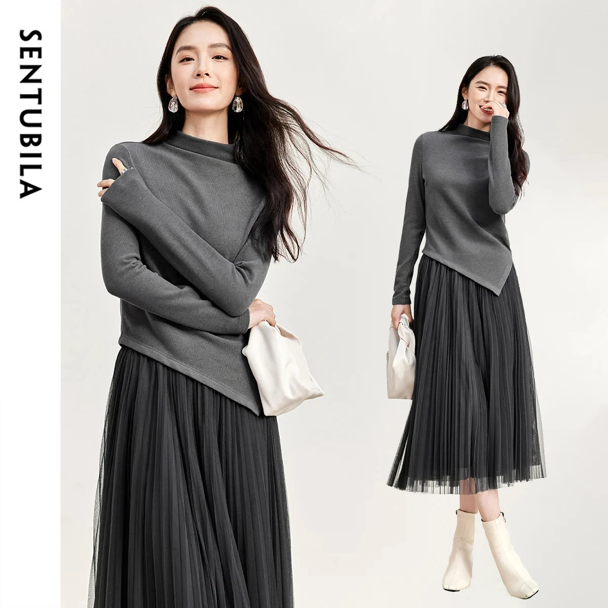 

SENTUBILA Two Piece Set For Women 2025 Winter Cotton Irregular Tops Mesh Gauze Pleasted Long Skirt Female Dress Sets 144Z57557