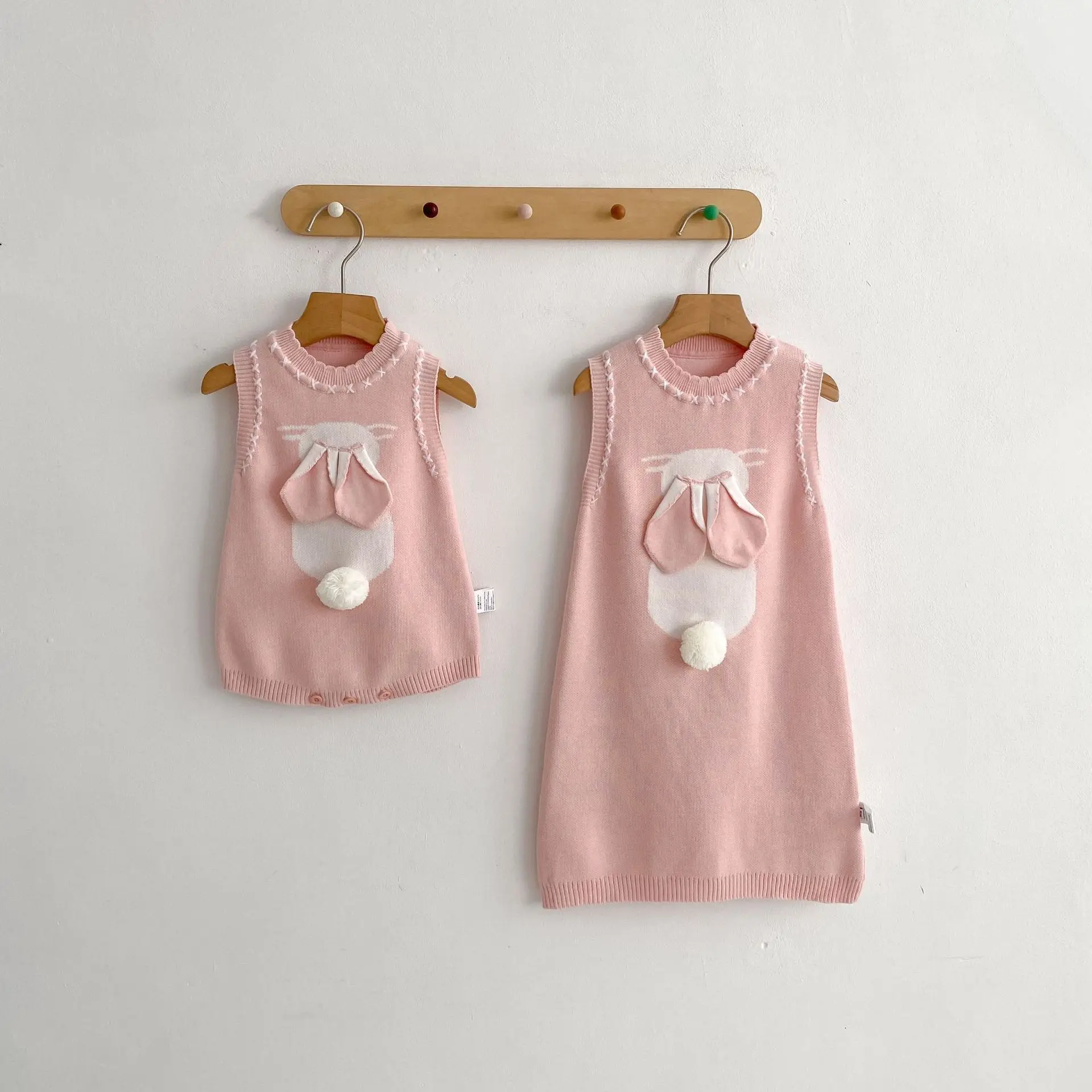 2026-spring-new-baby-girl-sleeveless-knitted-bodysuit-girls-cute-bunny-vest-dress-infant-sweet-princess-jumpsuit-sisters-clothes