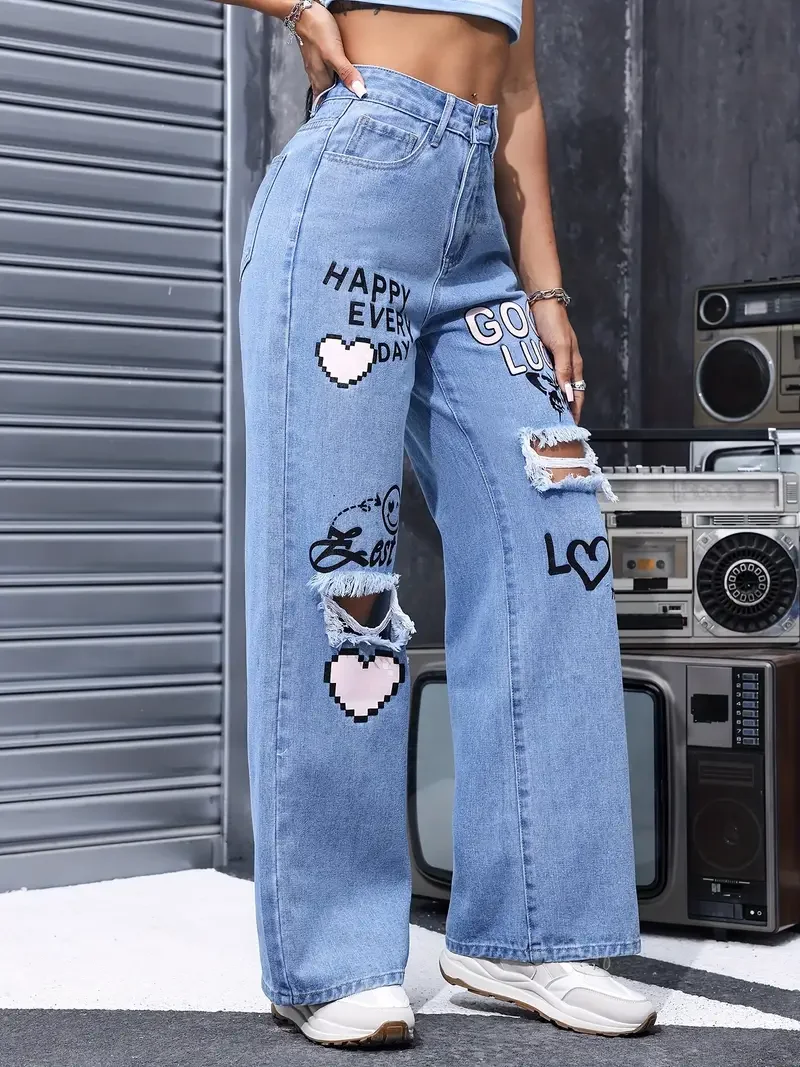 Women's High Waist Button Up Butterfly Print Jeans Fashion Casual Straight Pants for Women Spring Summer 2024 Chic Ripped Jeans