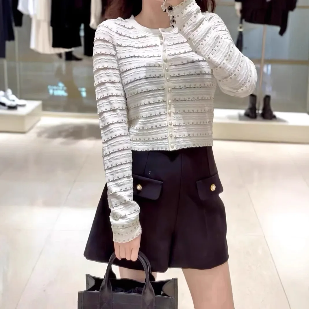 Ele Wit Gebreid Zwaar Verfraaid Open Vest High-End Versie Europese Sle Dames Faion Topklasse Parels Decora...