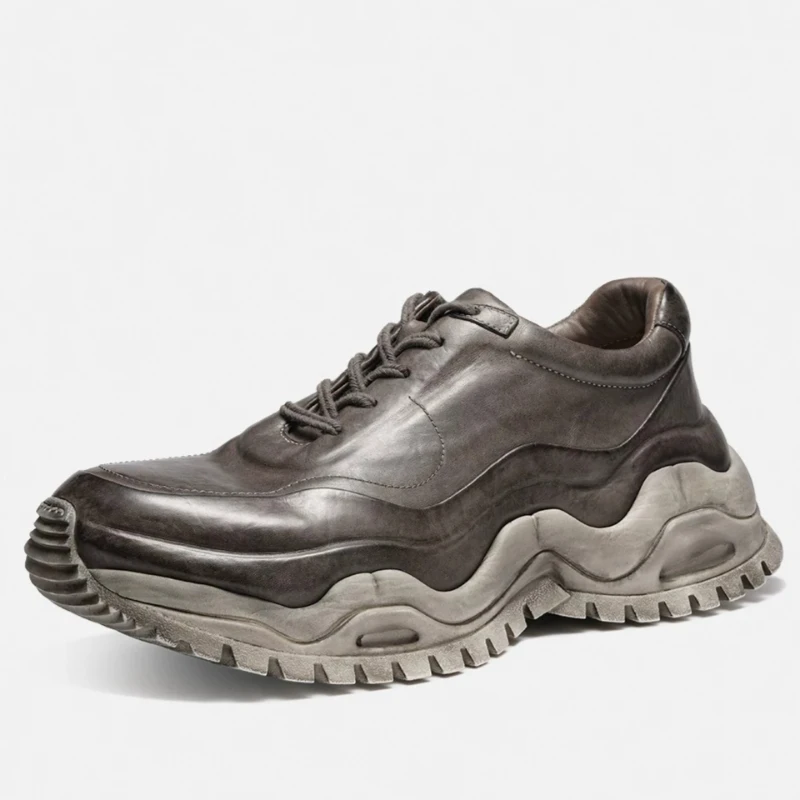 Outdoor Casual Sneakers Men's Women's Washed Horse Leather Breathable Comfortable Height Increasing Shoes Horsehide Daddy Shoes