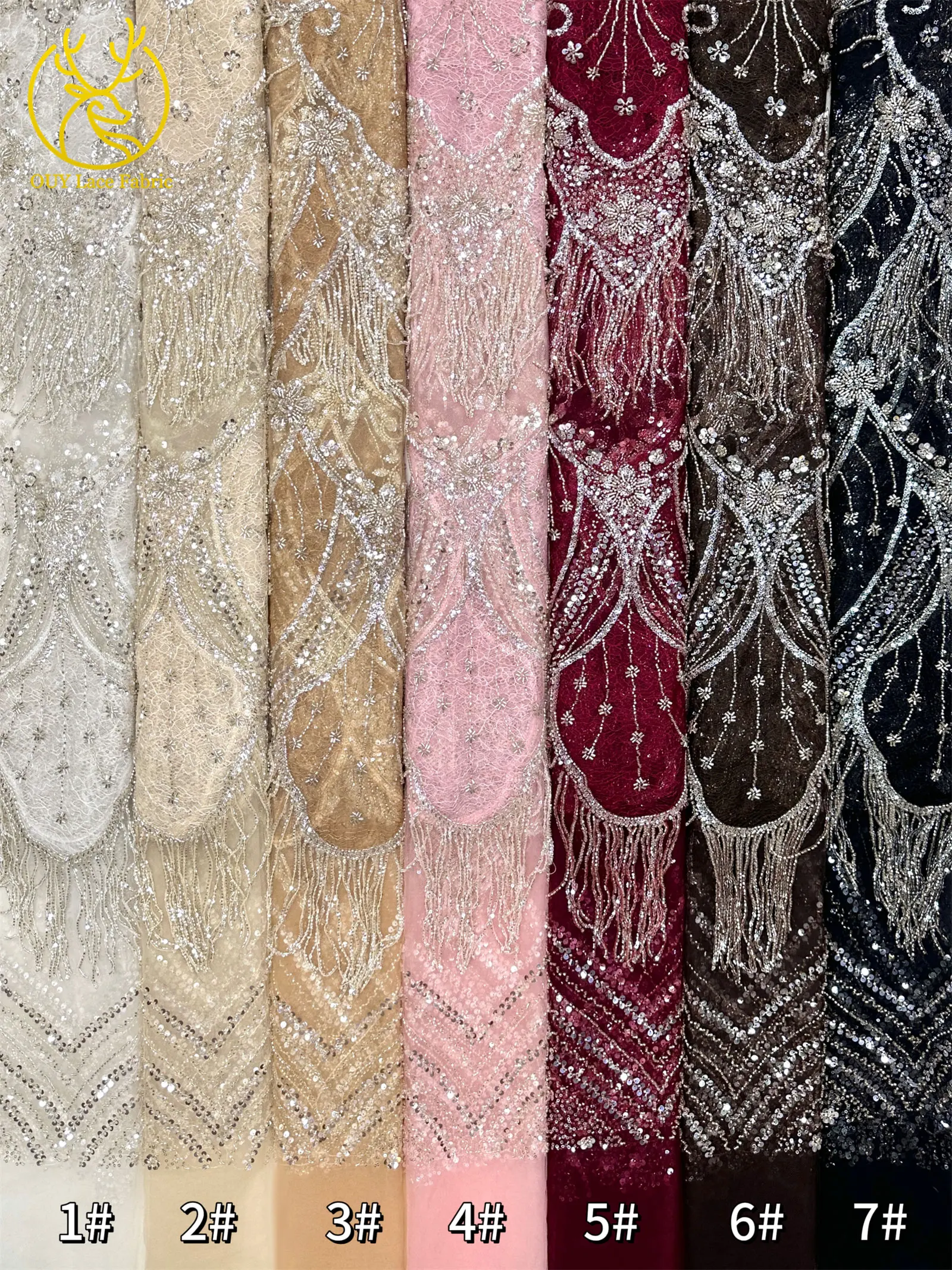 Neues Design 3D Laser Quasten-Perlen-Spitzenstoff Luxuriöser Hochwertiger Afrikanischer Pailletten-Spitzenstoff für Damen-Abendkleider zum Nähen – Detail 26