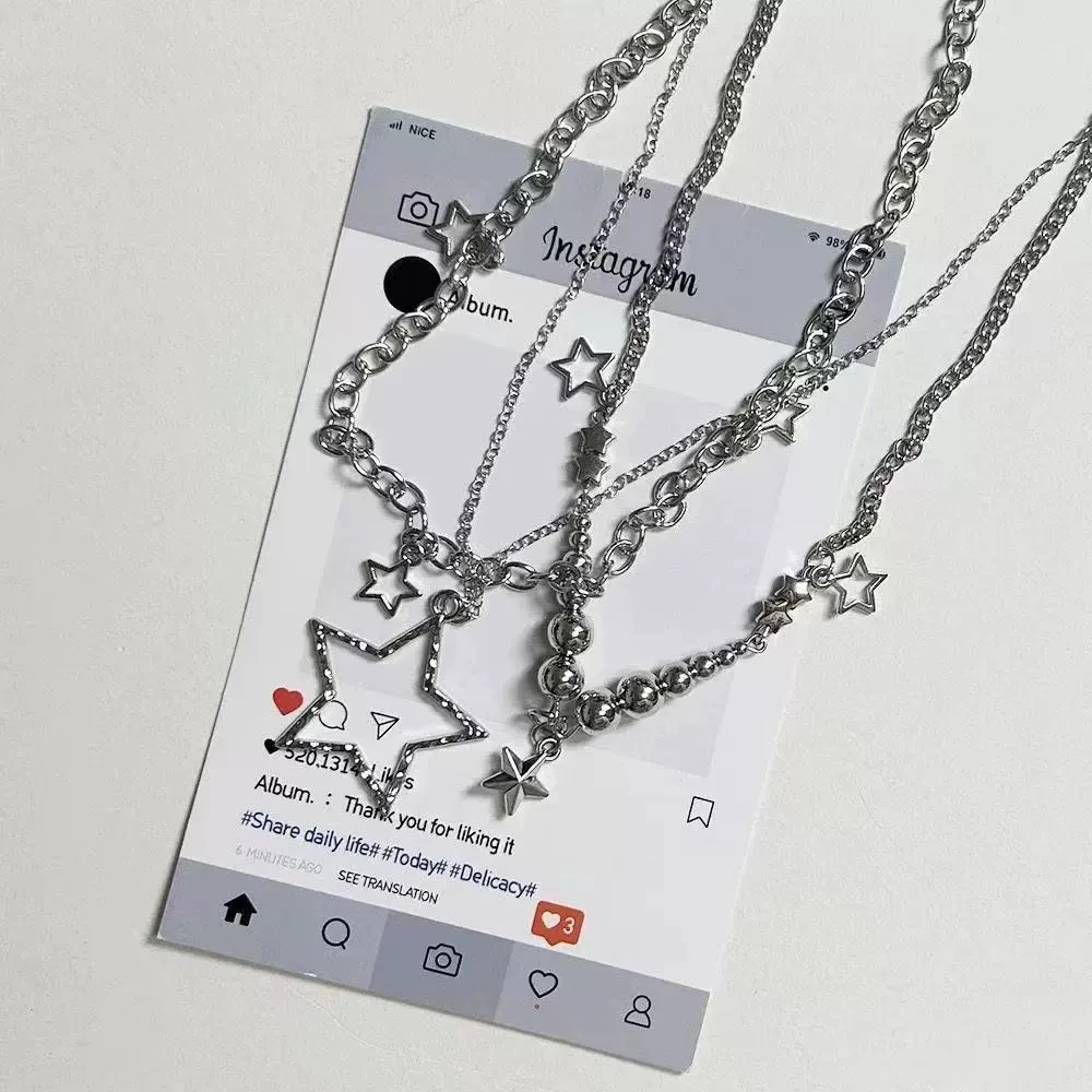 Trendige Y2K Stern-Anhänger Halsketten-Set Vintage Goth Einfache Mehrschichtige Metallketten-Halsketten Damen Charm Statement Schmuck Geschenke – Detail 2