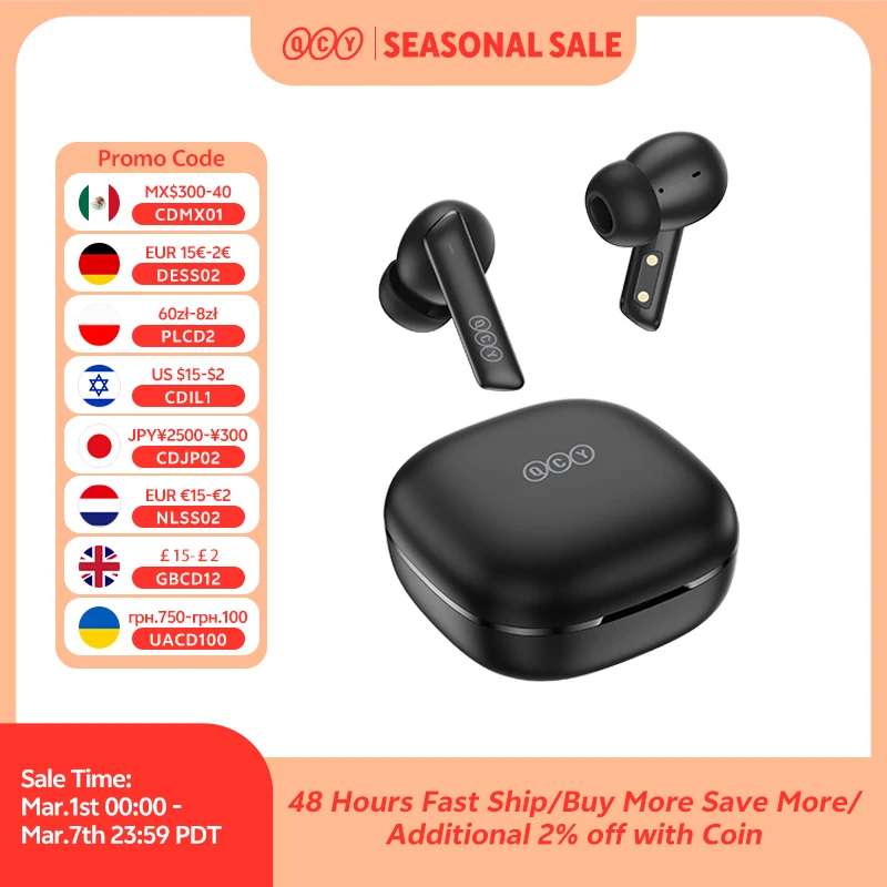 QCY HT05 ANC Wireless Earphone 40dB Noise Cancelling Bluetooth 5.2 Headphone 6 Mic ENC HD Call TWS Earbuds Transparency Mode