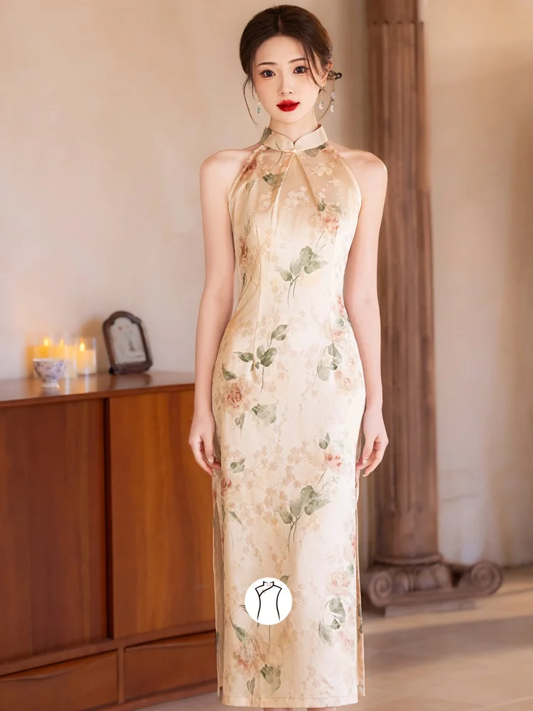 Mannel New Chinese Sle Long Qipao Dr Ne Hanging Slimming oulder Design Breathable Floral Print Gown for Women