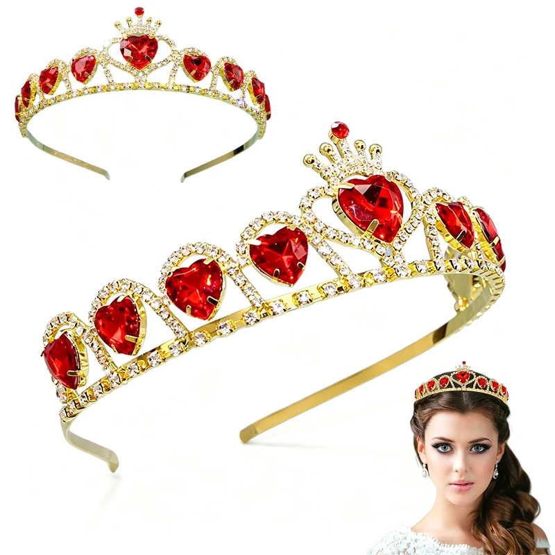 Red Peach Heart Rhinestone Bridal Crown Headband Women Sparkling Tiara Hair Accessories for Wedding Party Birthday Gift
