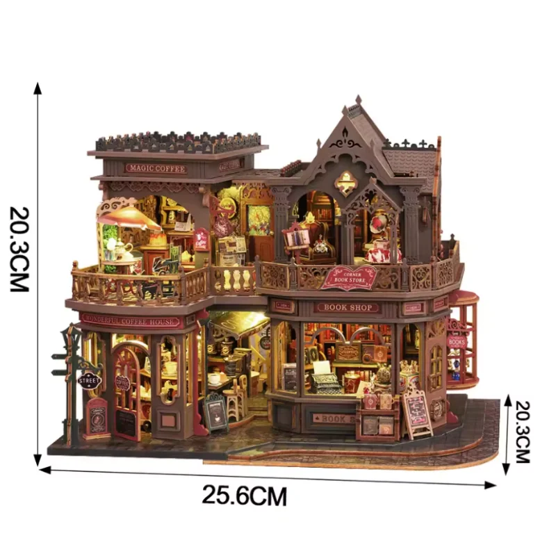 OUZEY Kit de bricolaje para mini cafetería con desplazamiento y café, modelo de estudio vintage de madera 3D, artesanía acogedora para adolescentes creativos