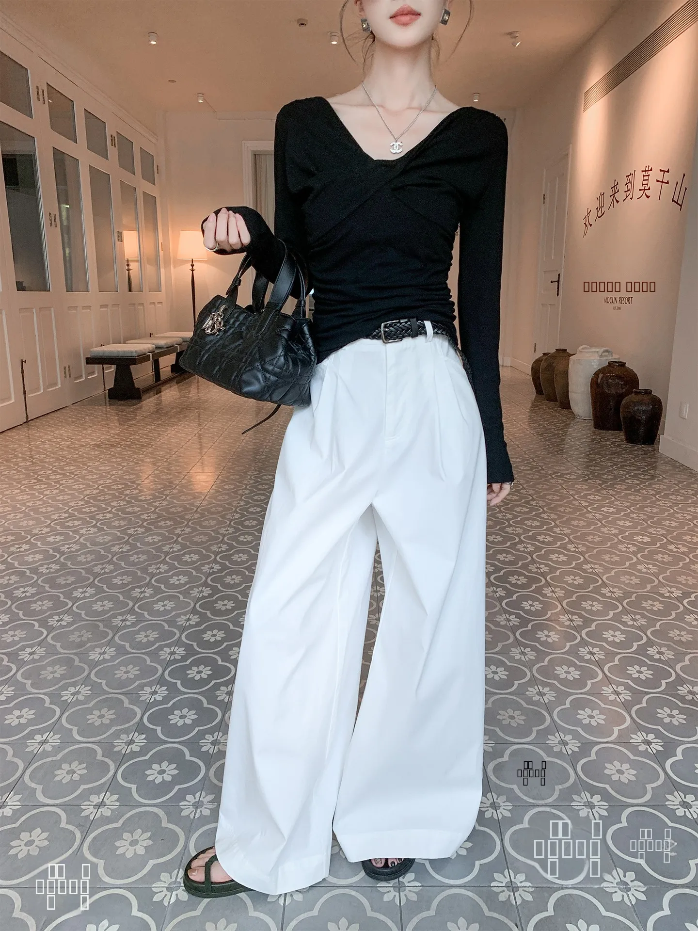 

Bingo High Waist Straight Leg Wide Leg Pants Women Casual Slimming White Color Spring Summer Autumn Cotton Comfortable Trousers