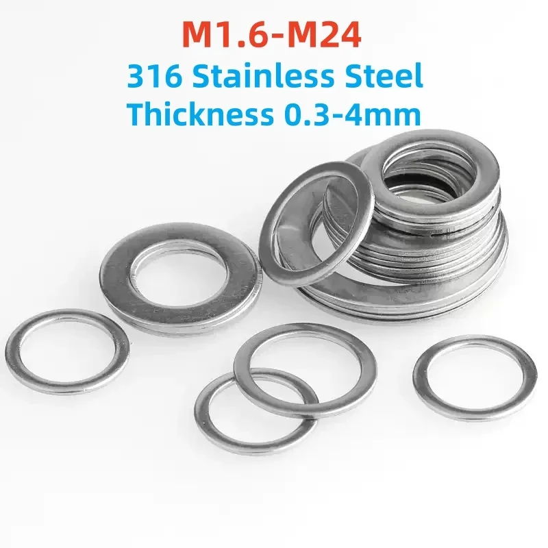 M1.6 M2 M3 M4 M5 M6-M24 316 Stainless Steel Flat Washer Metal Gasket Standard Increase Thickened Meson Washer Thickness 0.3-4mm