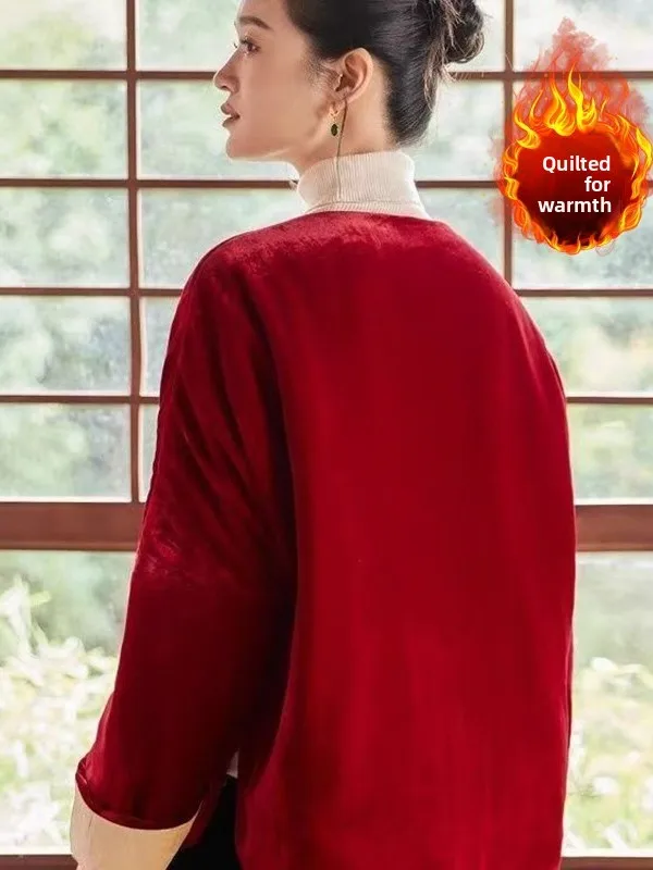 Chaqueta de Invierno de Terciopelo Estilo Chino Nuevo, Chaqueta de Aodón para Mujer, Estilo Artístico Retro Tang, Ropa Exte...
