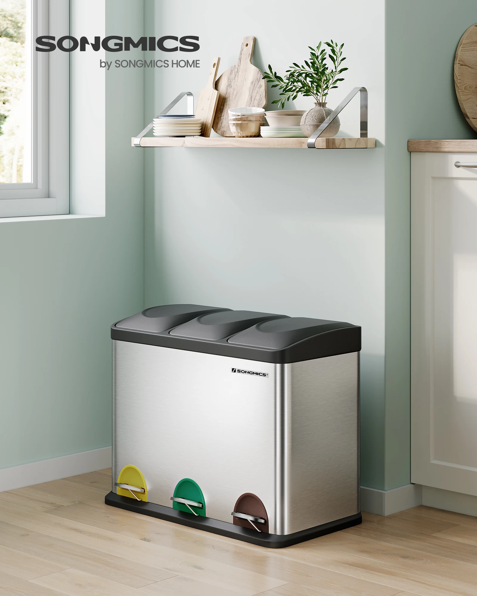 SONGMICS Poubelle de Cuisine Triple, Poubelle de Tri, Corbeille à Pédale, en Métal, Volume 45L, 3 x 15L, avec Couvercle, en Acier, Argent