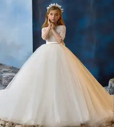 Ivory Flower Girl Dresses For Wedding Beaded Bow Customized Long Sleeve Baby First Communion Dresses