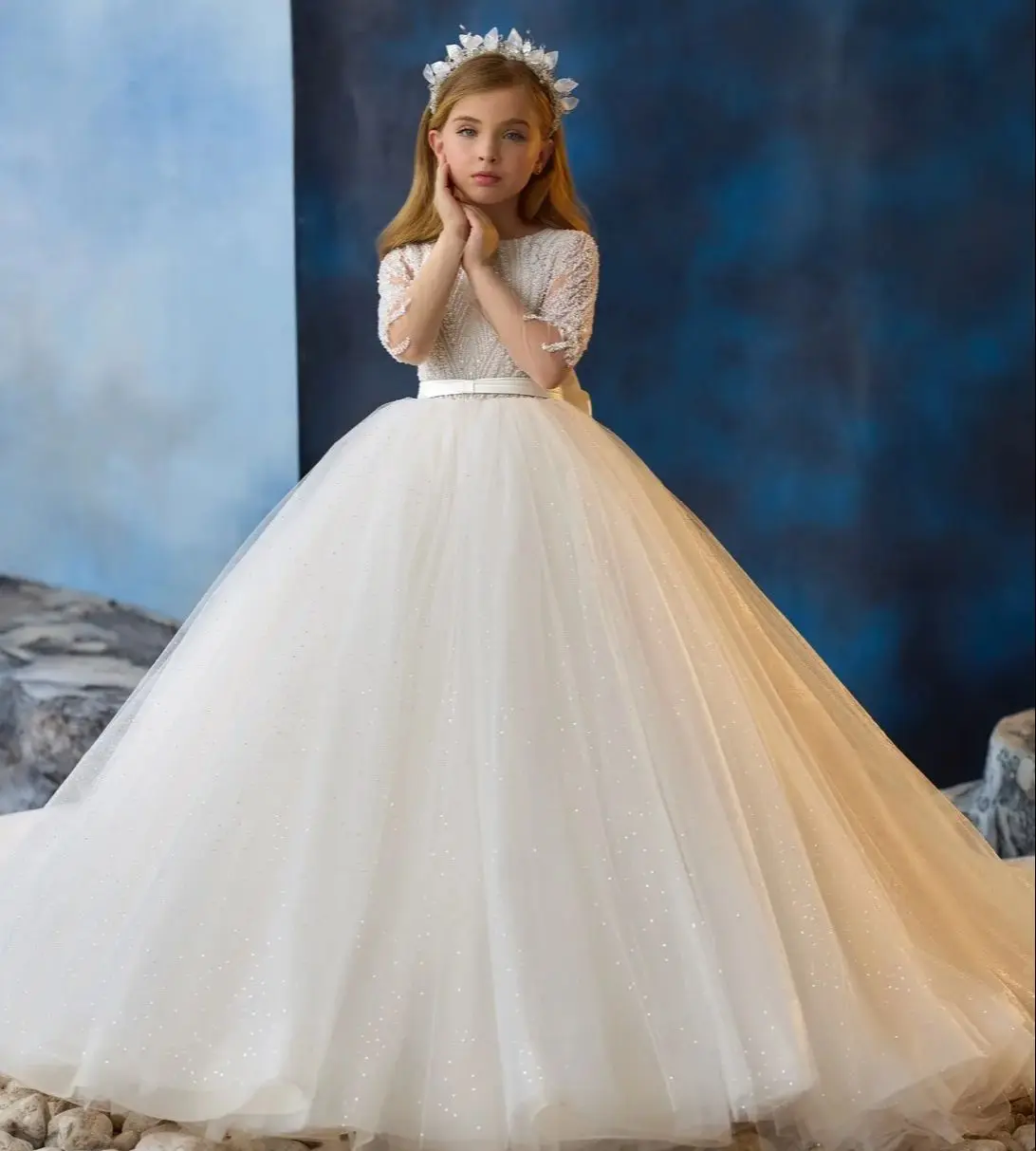 Ivory Flower Girl Dresses For Wedding Beaded Bow Customized Long Sleeve Baby First Communion Dresses