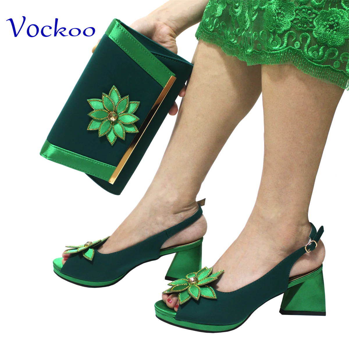 Sapatos de dedo apontado cor verde elegante e conjunto de bolsa para mulheres, saltos especiais com plataforma, moda africana, recém-chegados, 2024