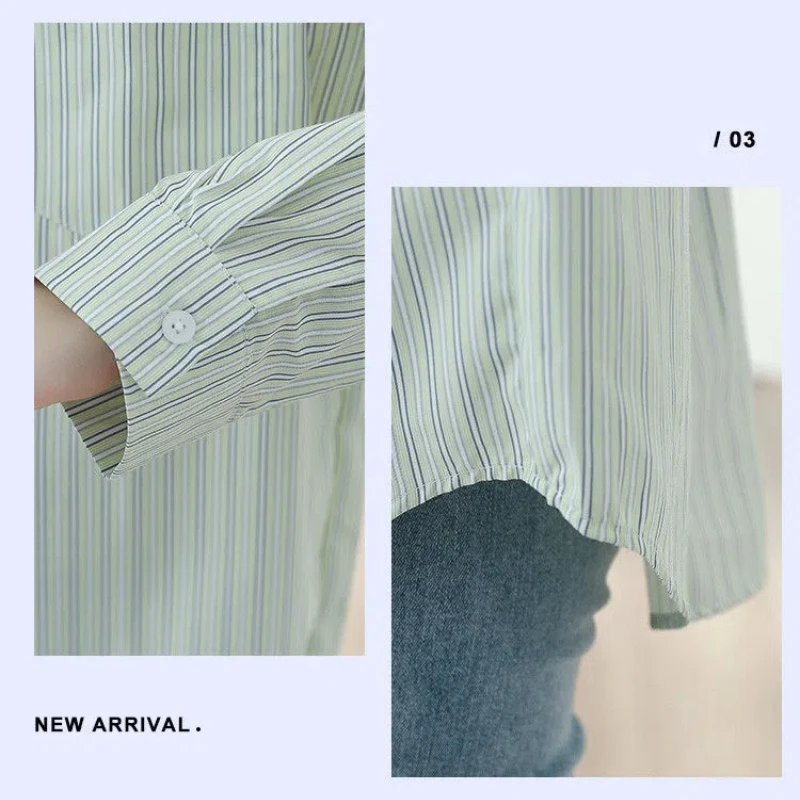 Spring and Autumn Women\'s 2024 New Splicing Polo Collar Button Striped Pocket Fashion Loose Casual Long Sleeve Blouses Shirts