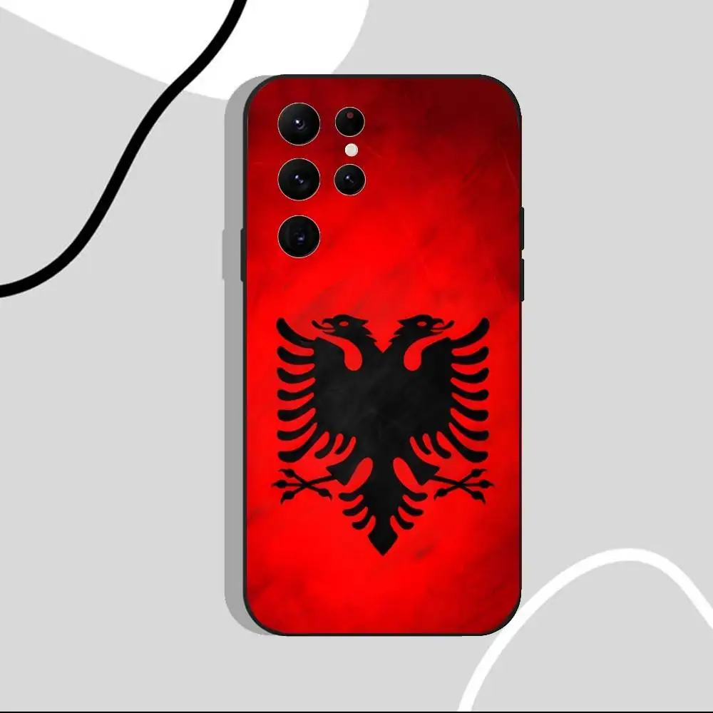 アルバニア国旗柄スマホケース Samsung S25、S24 Ultra、S20、S30 plus、S22 Plus、S23、Ultra 5G対応 シリコン製 ブラックシェル