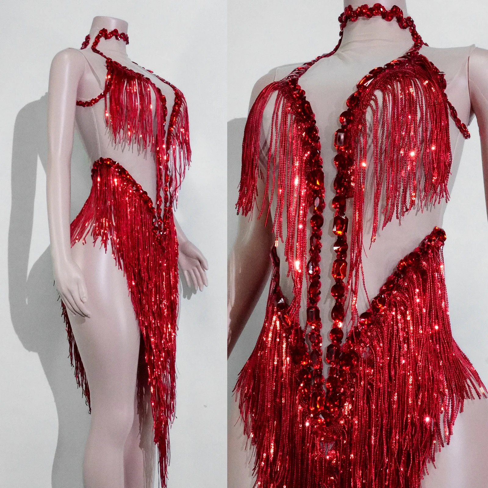 

Sparkle Rhinestone tassels latin dress Women mesh team outfit Nightclub Cabaret Performer Costume Sequined party Stage Wear​