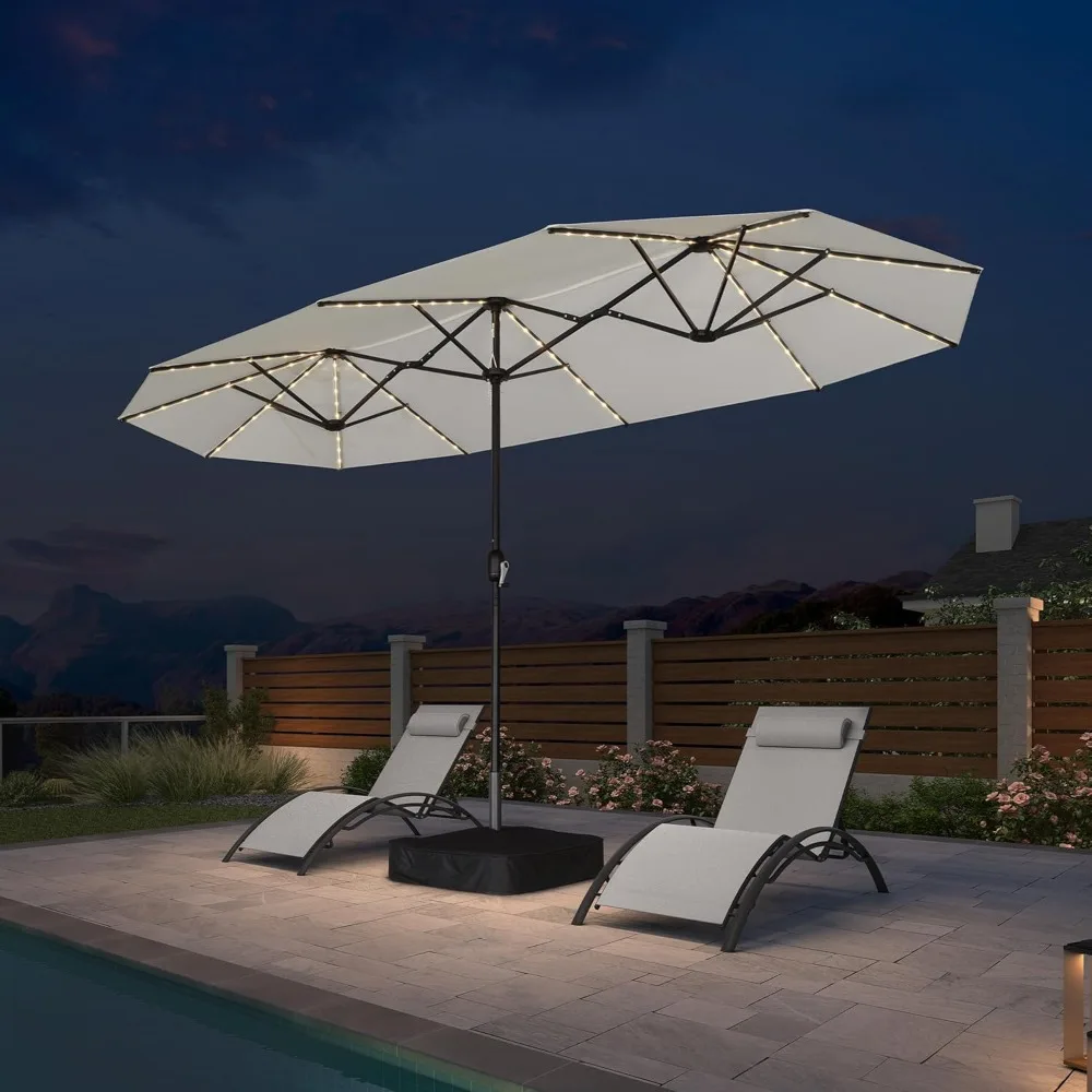 

13ft Patio Market Umbrella with Solar LED and Base Double-Sided Rectangle Outdoor Table Sun Umbrellas with Crank.
