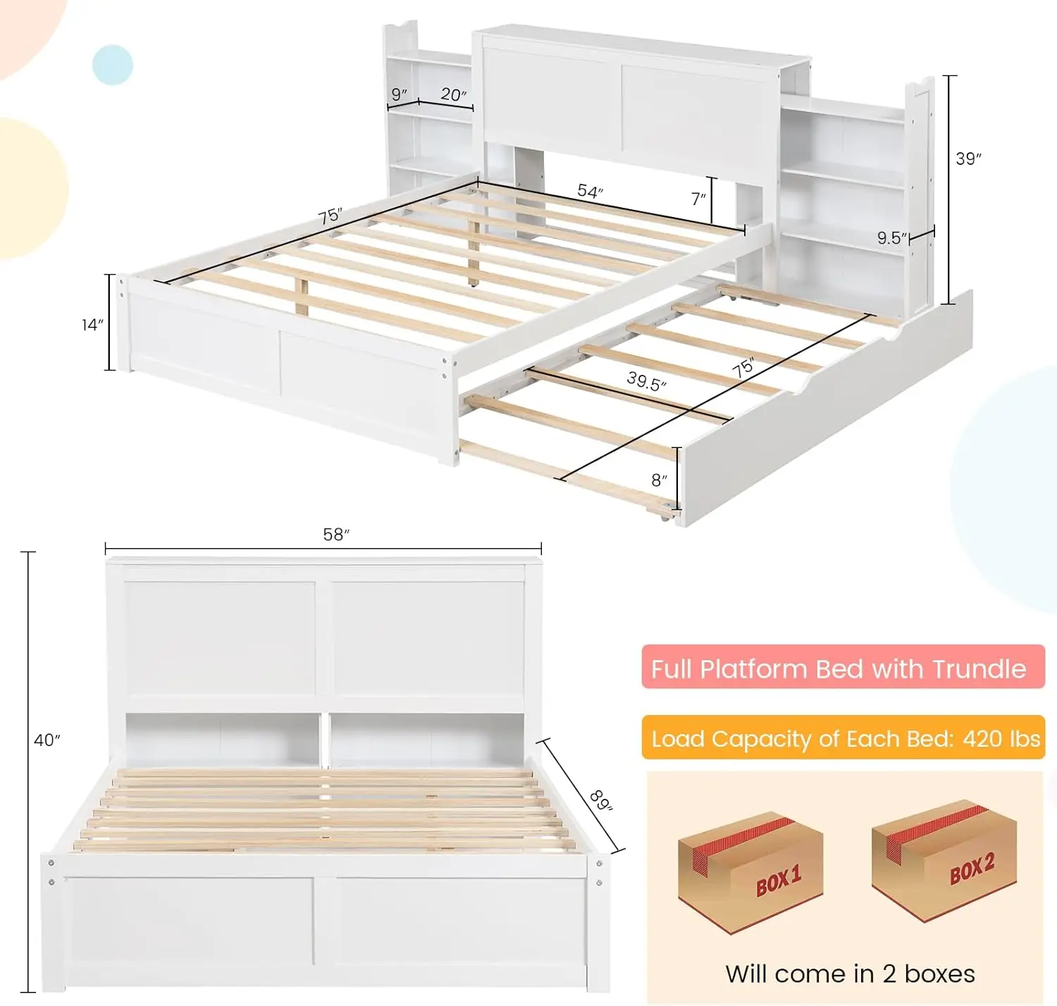 Giantex Full Bed Frame With Twin Trundle, Wooden Bed Frame With 2 Rolling Bookcases & High Headboard, Storage Platform Bed For