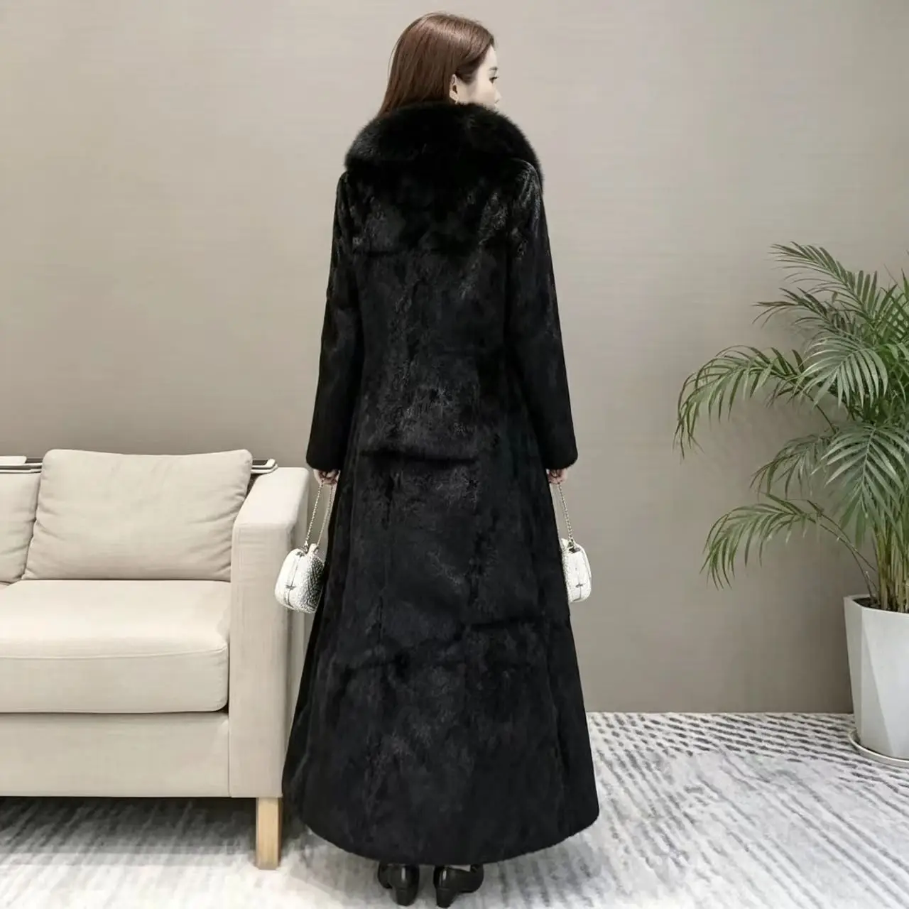 New Real Genuine Natural Full Pelt Rabbit Fur Coat with Fox Fur Collar Women Fashion Jacket Custom Any Size