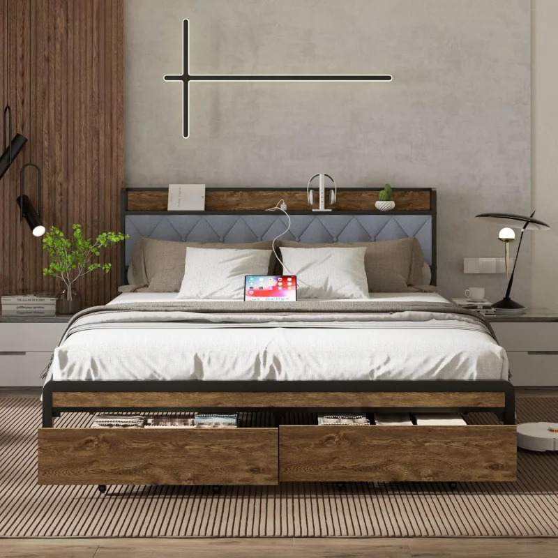 Queen Size Metal Platform Bed Frame 2 Storage Drawers &; LED Light,Velvet Button-Tufted Headboard with Outlet & USB