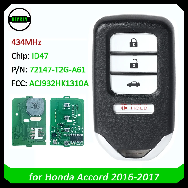 

Ключ для автомобиля DIYKEY 433 МГц, чип ID47 для 2016-2017 Honda Accord, БЕСКЛЮЧЕВОЙ пульт дистанционного управления 72147-T2G-A61 ACJ932HK1310A