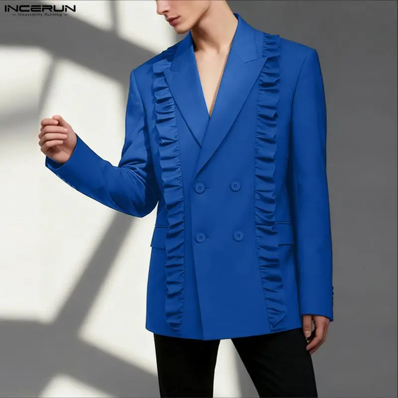 INCERUN Men Blazer Solid Color Lapel Long Sleeve Ruffle Male Suit Double Breasted Streetwear Elegant Fashion Casual Thin Coats