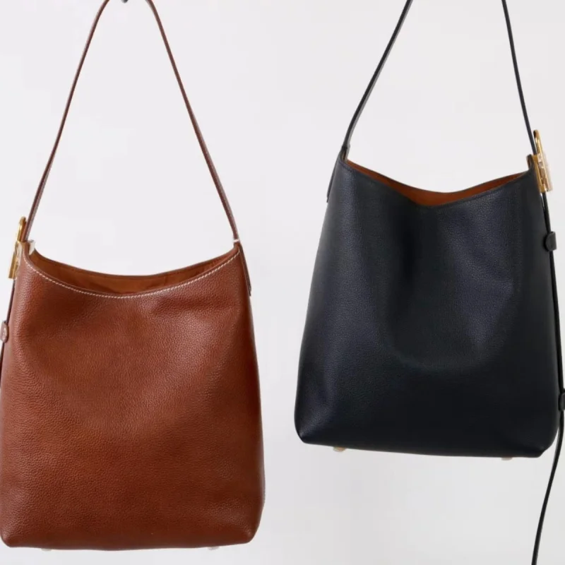 トップグレイン牛革バックルバケットバッグ シングルショルダー クロスボディバッグ 本革 レディースハンドバッグ 脇の下バッグ