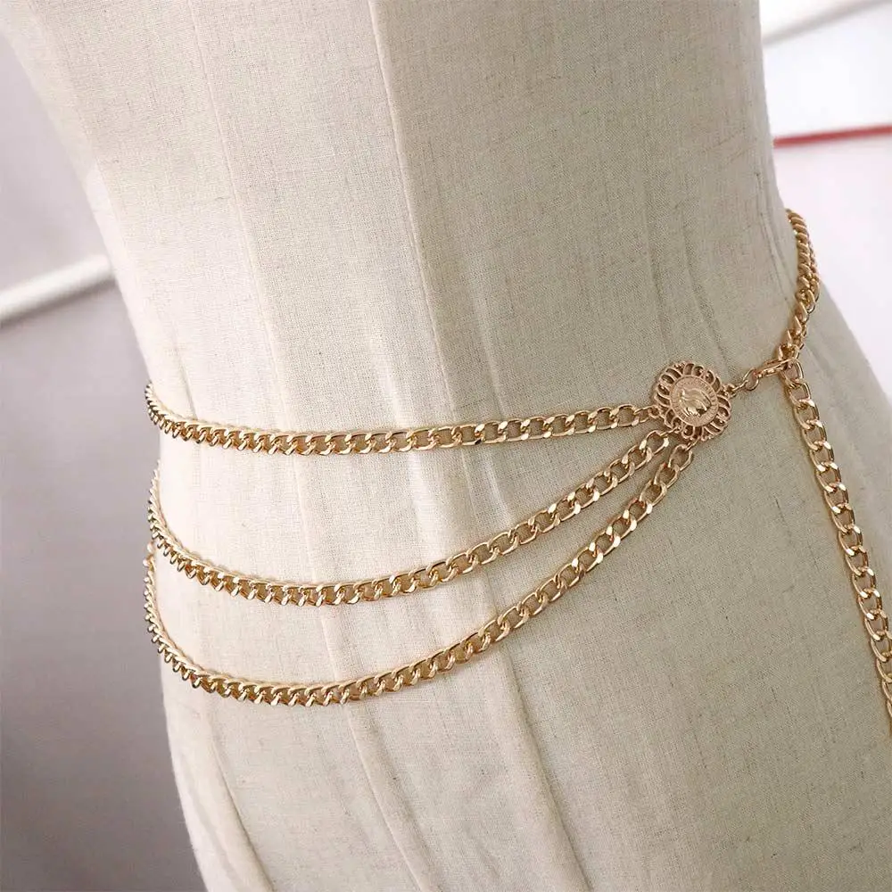 Stitching Three-layer Adjustable Alloy Chains Round Pendant Tassel Aluminum Chain Waist Chain Metal Belts Women Body Chain