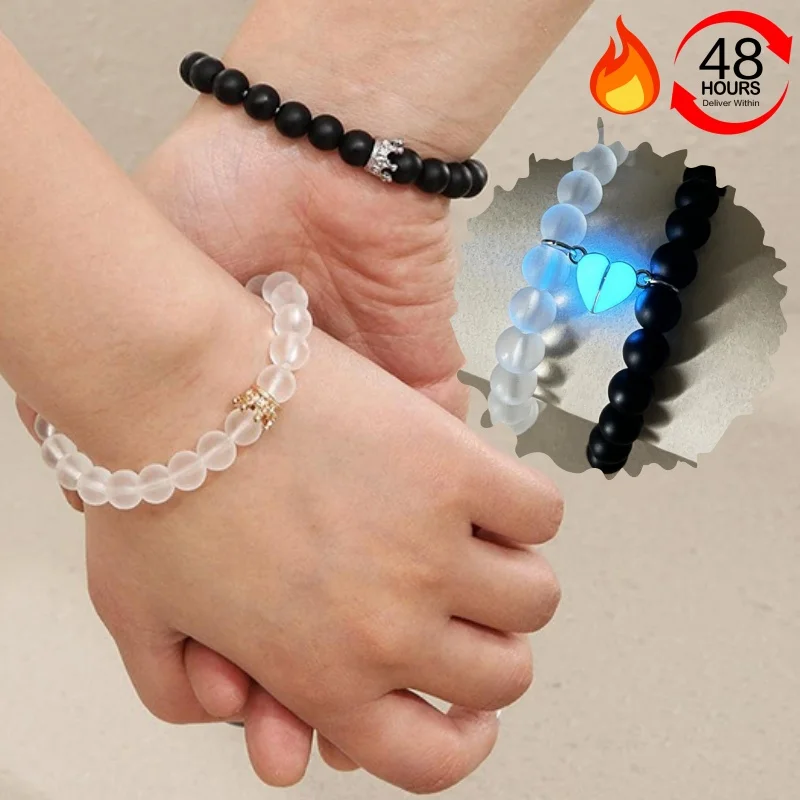 1pair Luminous Glow In The Dark Heart Magnet Bracelet Crown Bracelet Couple Lover Bracelets Valentine's Gift