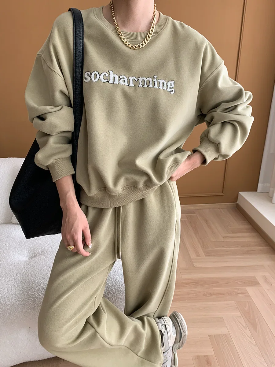 

Sinan American casual towel embroidered letter sweatshirt and sweatpants two-piece set 2024 early autumn new style