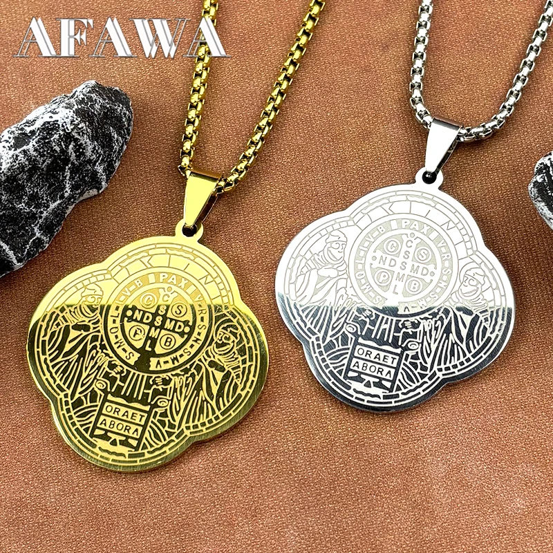 الكاثوليكية سانت بنديكت البرسيم ميدالية قلادة من الفولاذ المقاوم للصدأ للنساء الرجال الذهب اللون عبر سلسلة الصلاة مجوهرات سان بينيتو