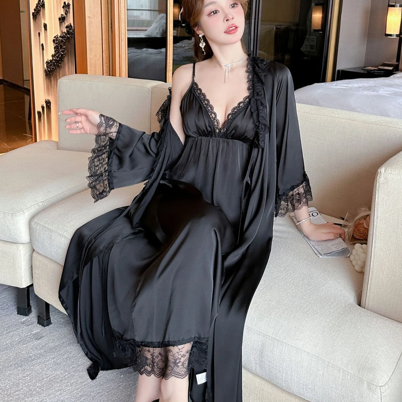 

Комплект из 2 предметов: женский кружевной халат и ночная сорочка с V-образным вырезом, имитация шелка, весенняя ночная одежда, кимоно, домашняя одежда