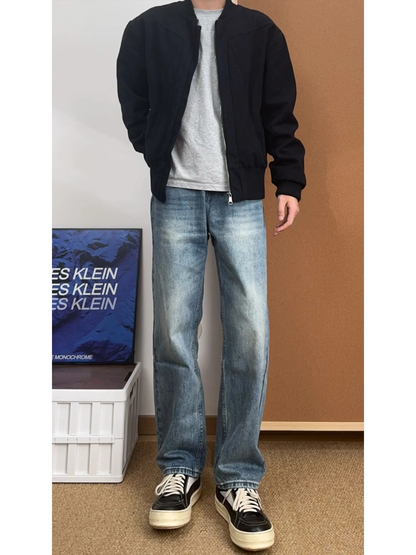 

Мужские джинсы в стиле ретро, синие, прямые, зауженные, с высокой талией, удлиненные, утягивающие, для работы