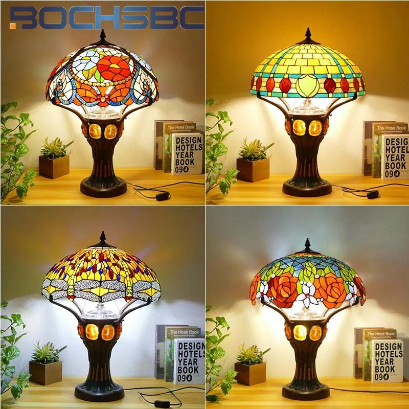 BOCHSBC Tiffany style stained glass European garden warm retro table lamp for villa living room restaurant cafe study LED decor