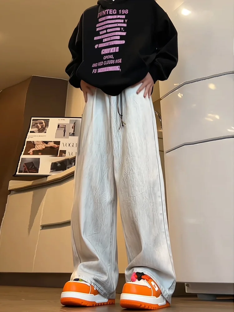 

American Retro Loose Leg Men's Jeans White Faded Cotton Polyester Blend Durable Straight Tube Pants Youth Trend Spring Wear