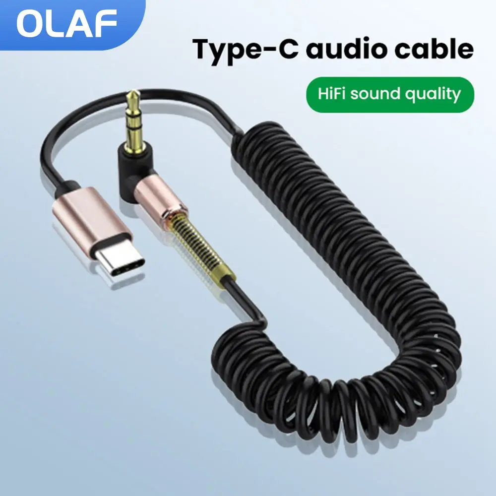 OLAF USB C to 3.5mm Car Spring Retractable Audio Cable for iPhone 15 3.5MM To 3.5MM Jack AUX Cable Speaker Cable Elbow Adapter