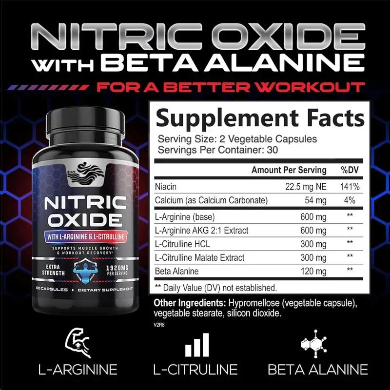 60 Capsules Nitric Oxide Supplement L Arginine 3x Strength - Citrulline Malate - Strength and Energy Enhancing Supplement