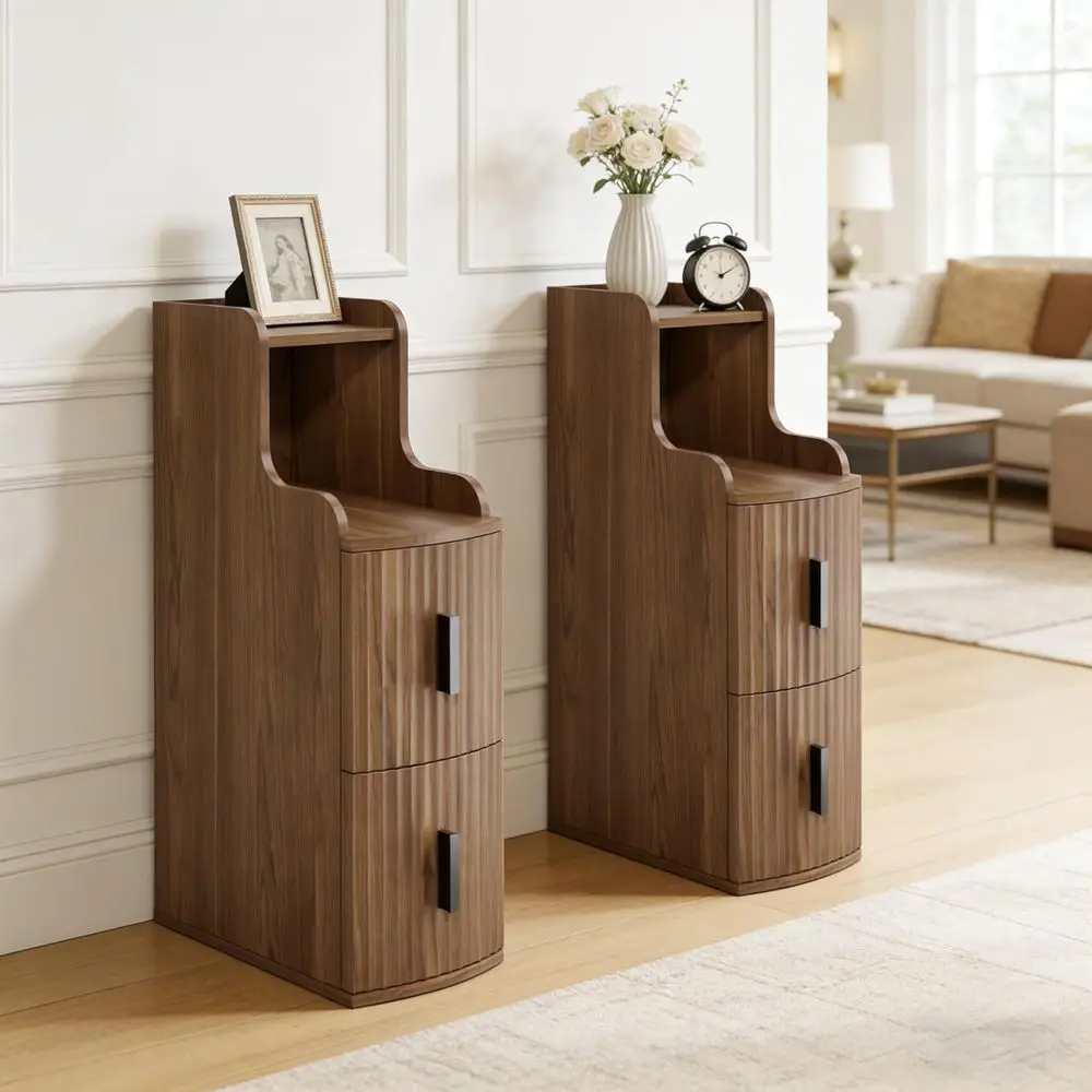 

Set of 2 Rustic Thin Nightstands for Small Spaces with Storage Shelves, Brown Walnut Finish