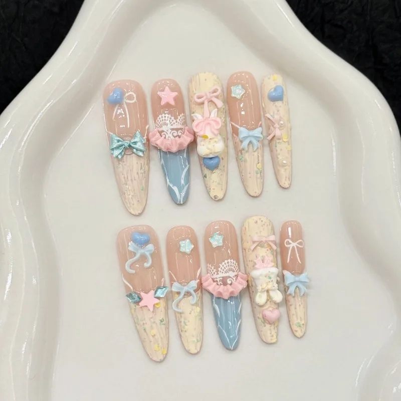 

10 Pieces Cotton Candy Island 3D Bear Bunny Cartoon Handmade Press On Nails Sweet Cute Lace French Fake Nails Removable Reusable