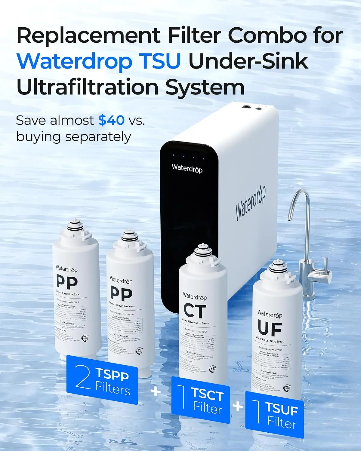 Waterdrop TS2PPCTUF Replacement Filter for TSU, 1-Year Replacement Pack 4-Pack (2 x TSPP, 1 x TSUF, 1 x TSCT), Replacement for Waterdrop TSU & TSU-WB Ultra-Filtration Under Sink Water Filter System