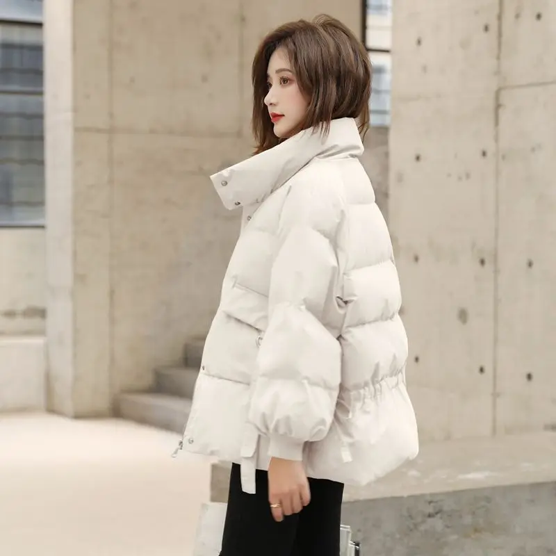 Women 2023 New Down Cotton-padded Jacket Short Korean Loose Ins Thick Bread Coat with Button Thread Fashion Pure Color