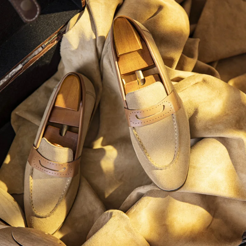 Men's Suede Loafers Beige Slip On Casual Dress Shoes Business Party Handmade Leather Loafers Men