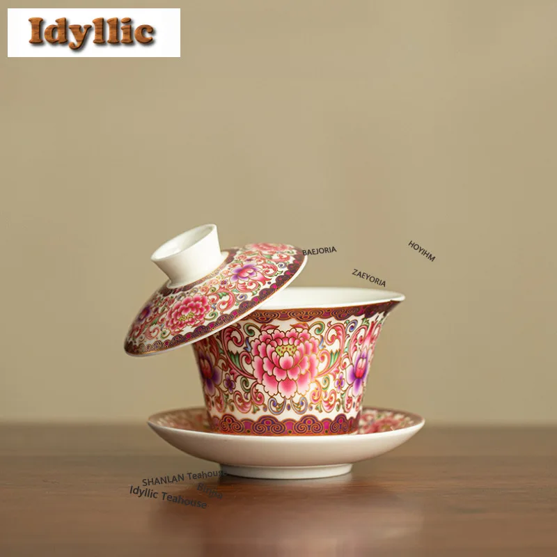 

160ml Jade Porcelain Enamel Color Red Lotus Gaiwan Zen Tea Tureen Tea Bowl With Lid Kit Tea Maker Cover Bowl Tea Ceremony Gift